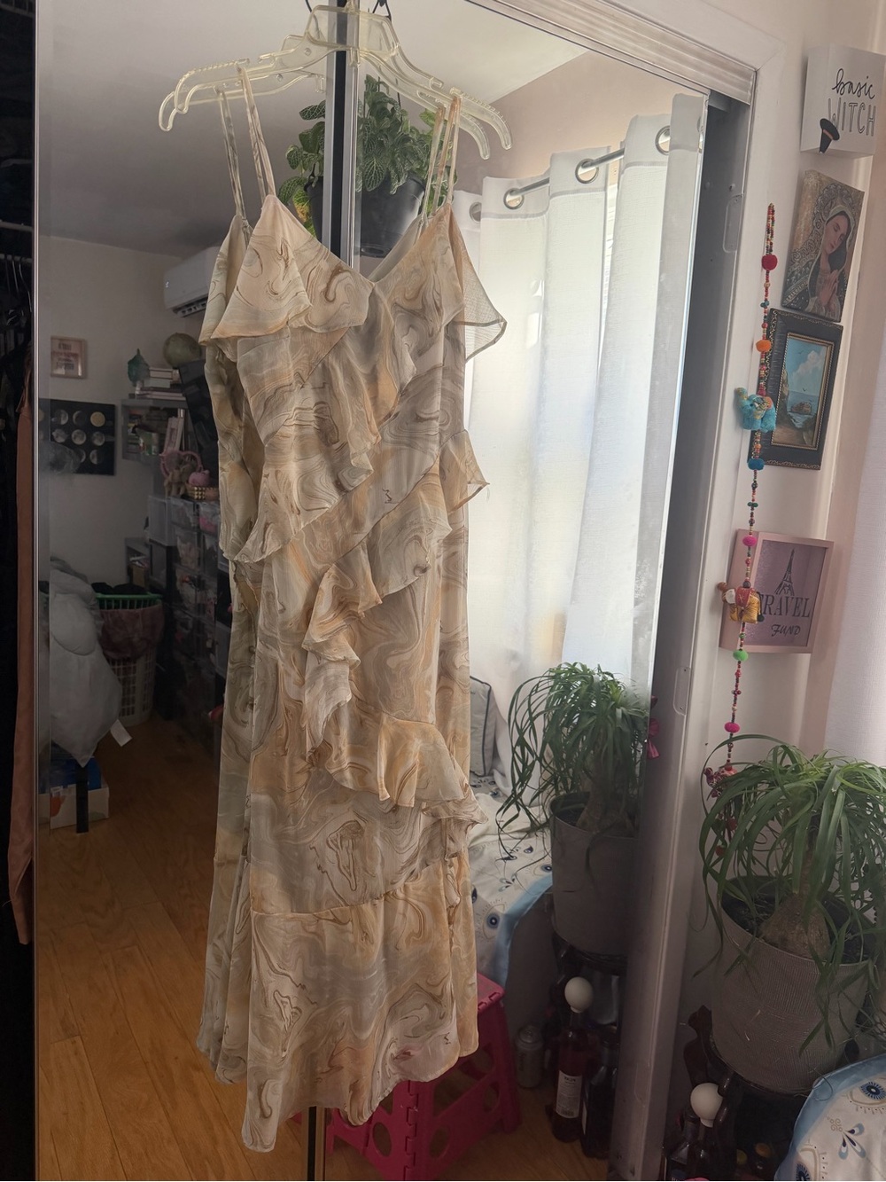 Blu Pepper Beige Marble-Ruffle Slip Dress